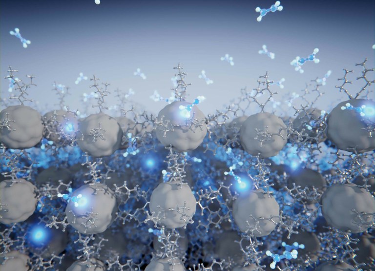 Controlled reorganization of a fullerene-based compound (grey), purely governed by the weakest van der Waals interactions (dihydrogen) and the entry of small molecules into its interior (hydrazine molecules in blue). Image: Scixel.